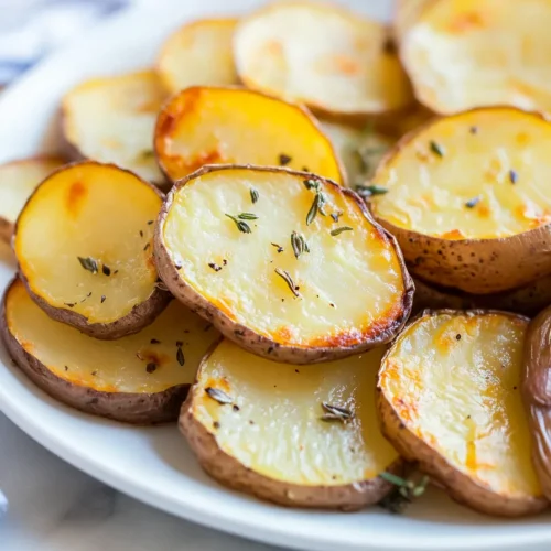 Golden-brown roasted potato slices arranged neatly on a white plate.