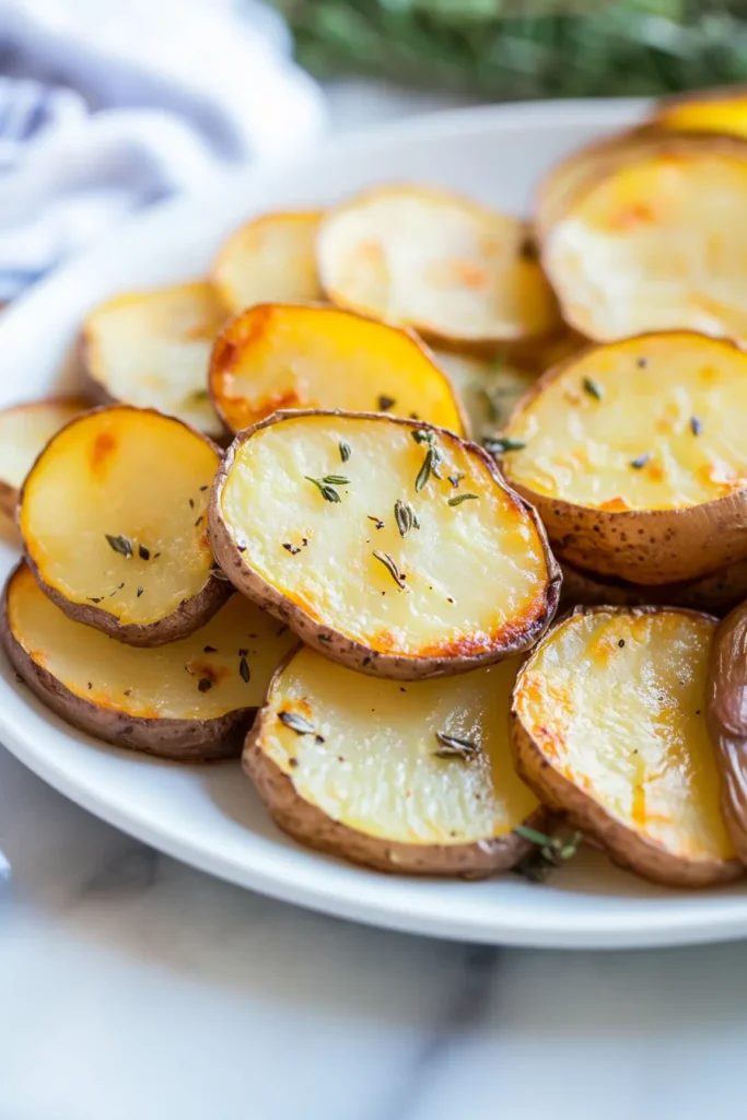 Golden-brown roasted potato slices arranged neatly on a white plate.