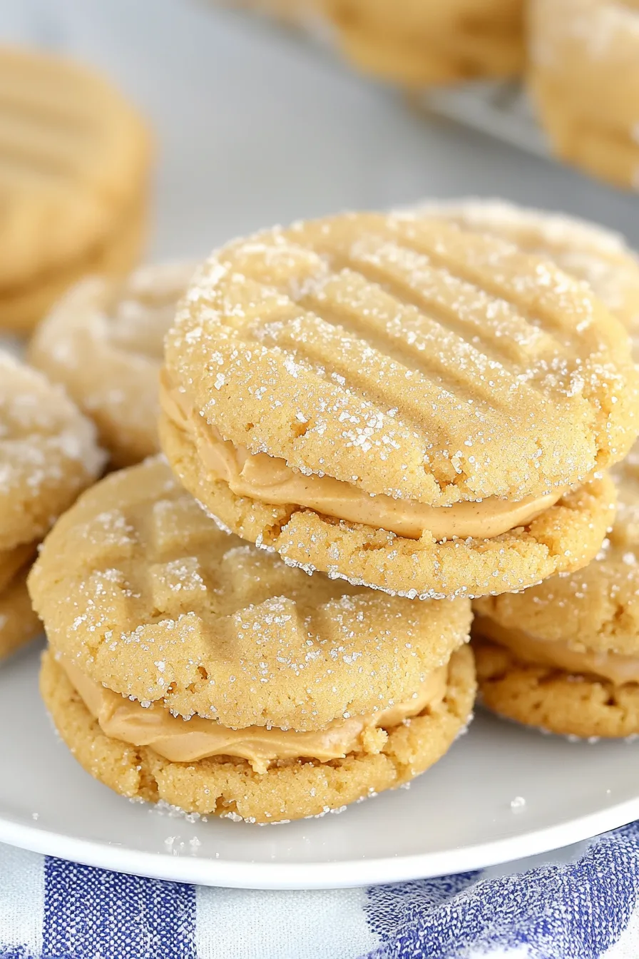 Close-up of fork-patterned cookies with a smooth layer of peanut butter between them.