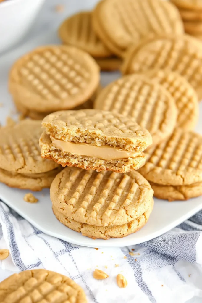 A rustic tabletop scene with sandwich cookies and scattered peanuts for texture.