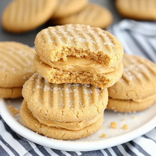 Golden sandwich cookies stacked neatly on a plate, showing their creamy peanut butter filling.