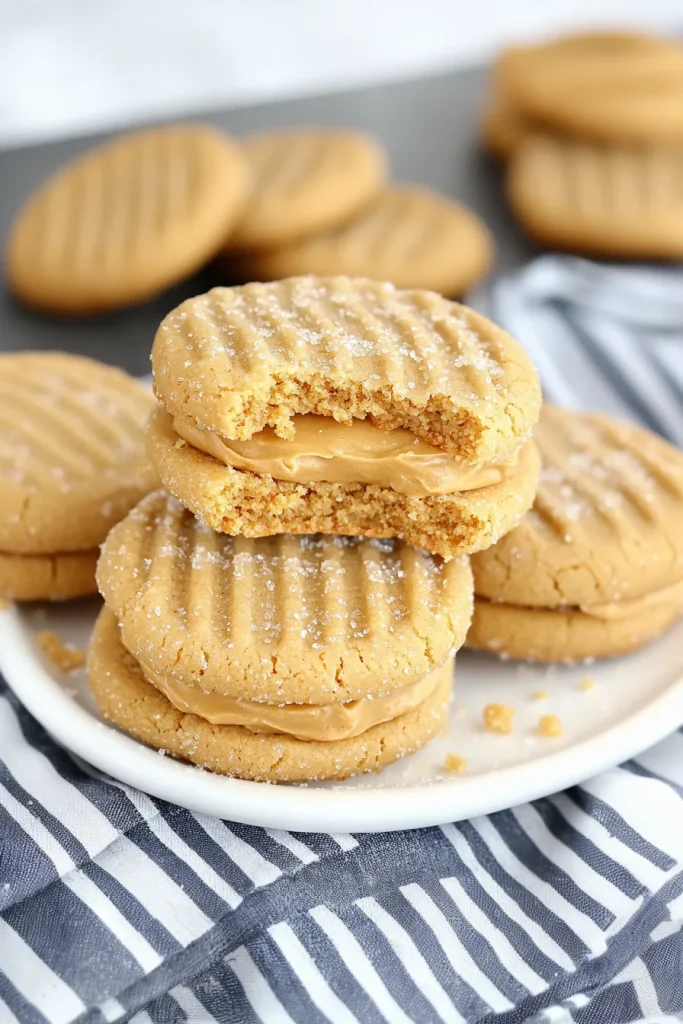 Golden sandwich cookies stacked neatly on a plate, showing their creamy peanut butter filling.