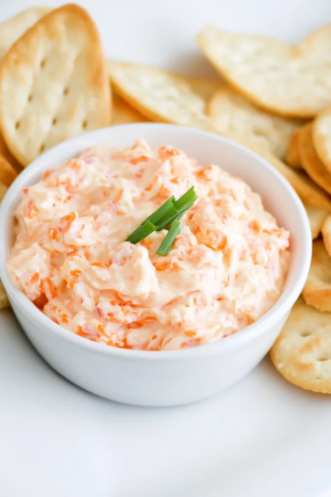 Overhead view of rich, orange spread surrounded by crackers.