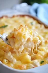 Spoon lifting a serving of creamy baked casserole with melted cheese.