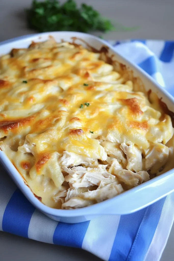 Casserole dish showing rich filling and stretchy melted cheese.