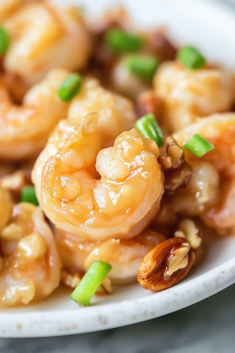 Glazed shrimp topped with chopped green onions and crunchy walnuts on a white plate.