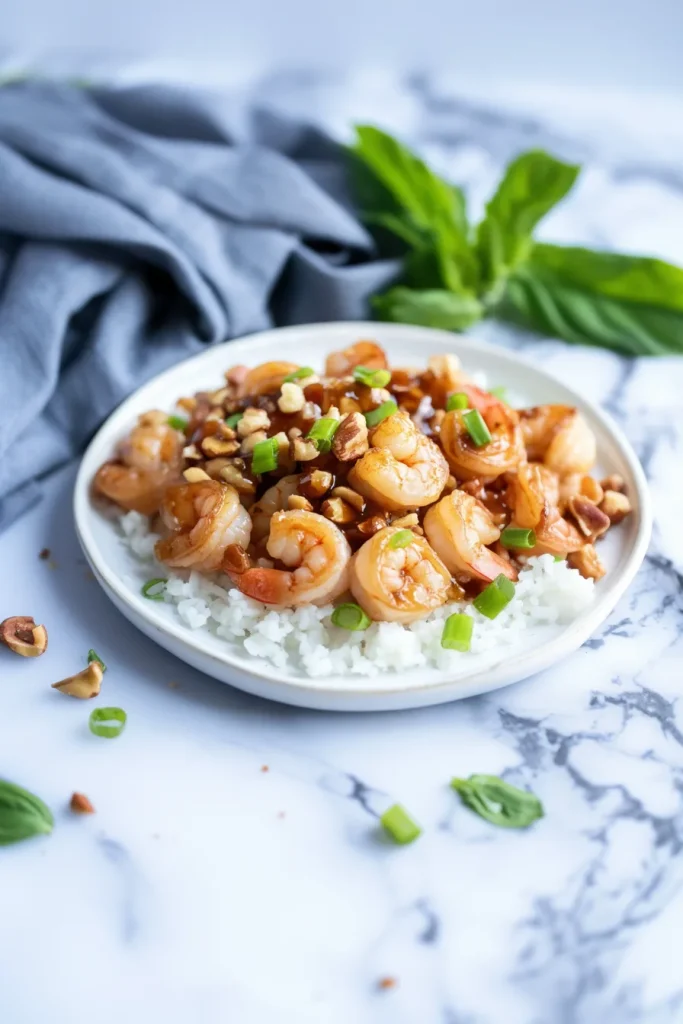 Plated seafood dish featuring shrimp in sweet sauce, accented by fresh herbs and crunchy nuts.