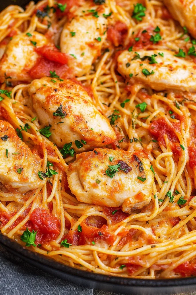 Hearty spaghetti mixed with creamy sauce, chicken chunks, and sprinkled parsley.