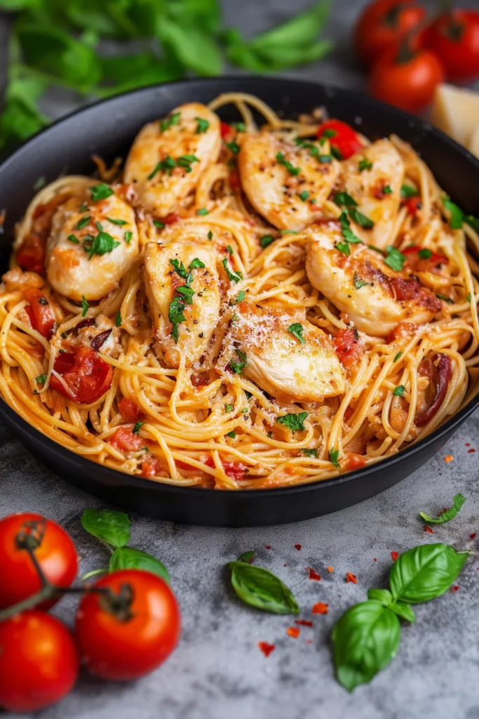 Plate of spaghetti coated in creamy tomato sauce with chicken pieces and parsley garnish.