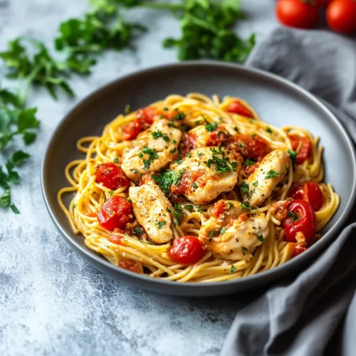 Golden pasta dish surrounded by fresh basil leaves and vine tomatoes.