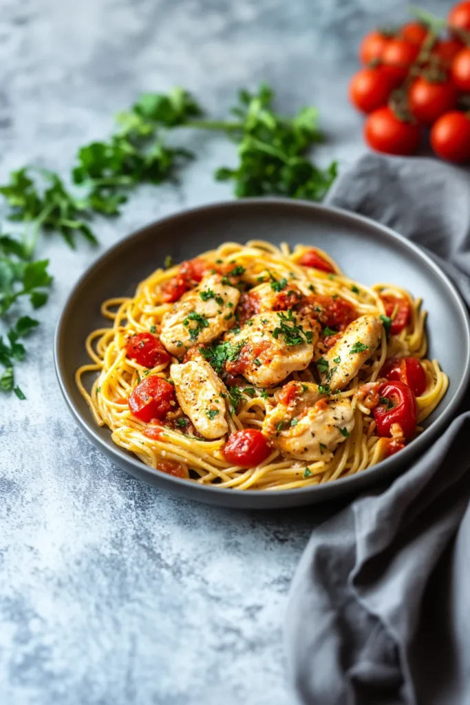 Golden pasta dish surrounded by fresh basil leaves and vine tomatoes.