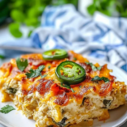 Serving of cheesy casserole on a plate, jalapeรฑos adding a pop of color.