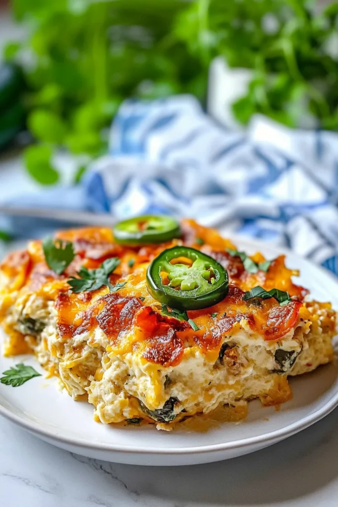 Serving of cheesy casserole on a plate, jalapeรฑos adding a pop of color.