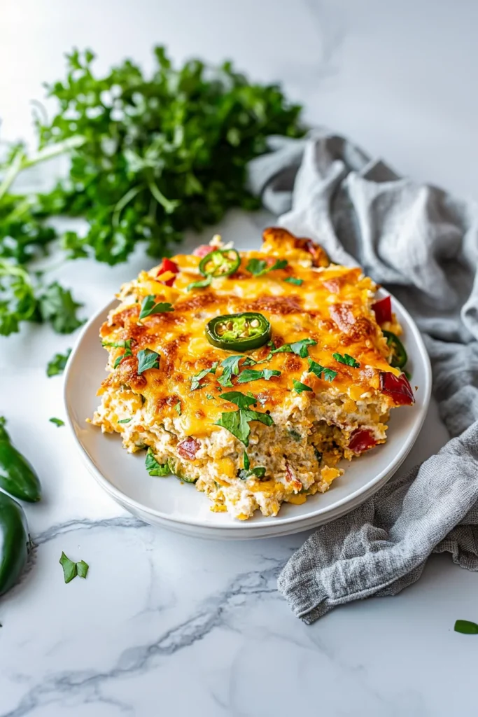 Golden baked casserole topped with melted cheese and fresh jalapeรฑo slices.