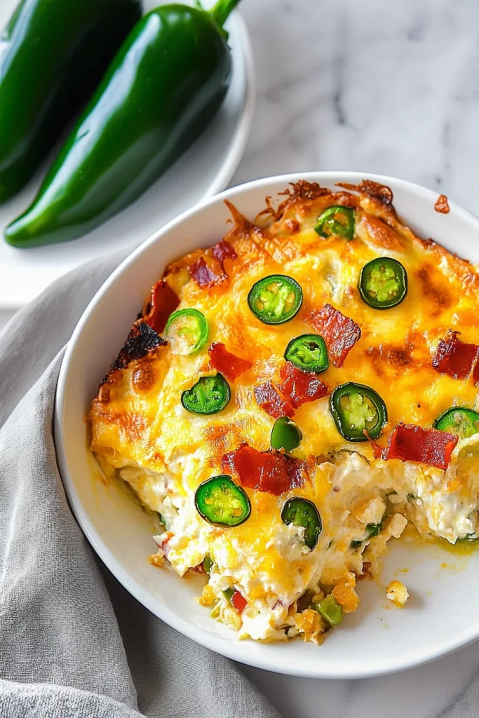 Plated casserole portion showing gooey cheese and spicy jalapeรฑo rings.
