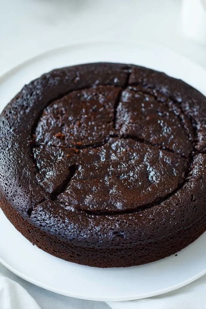 Moist black cake showing its dense texture and glossy surface.