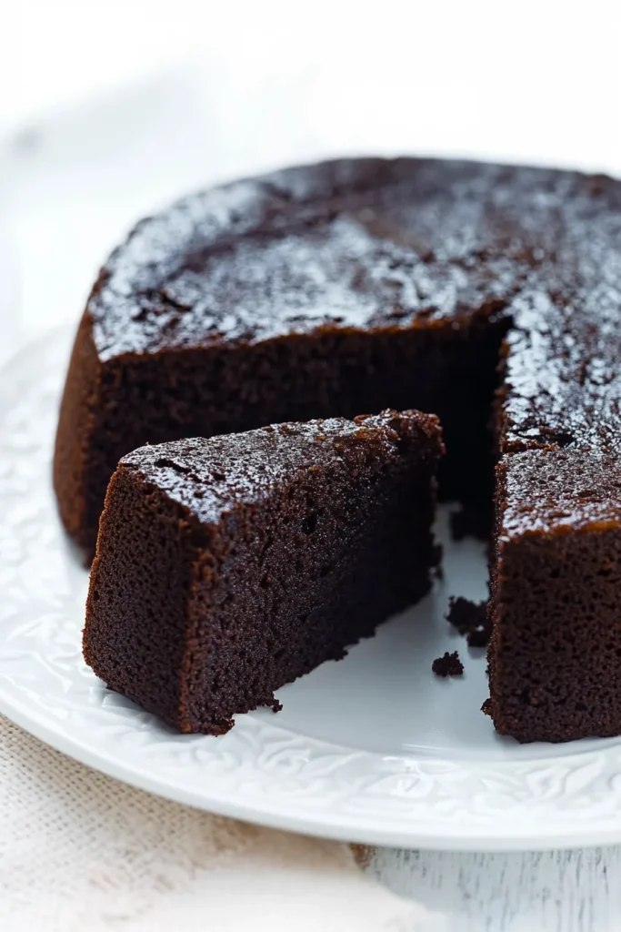 Rich, dark chocolate-colored cake with a slice served on a white plate.