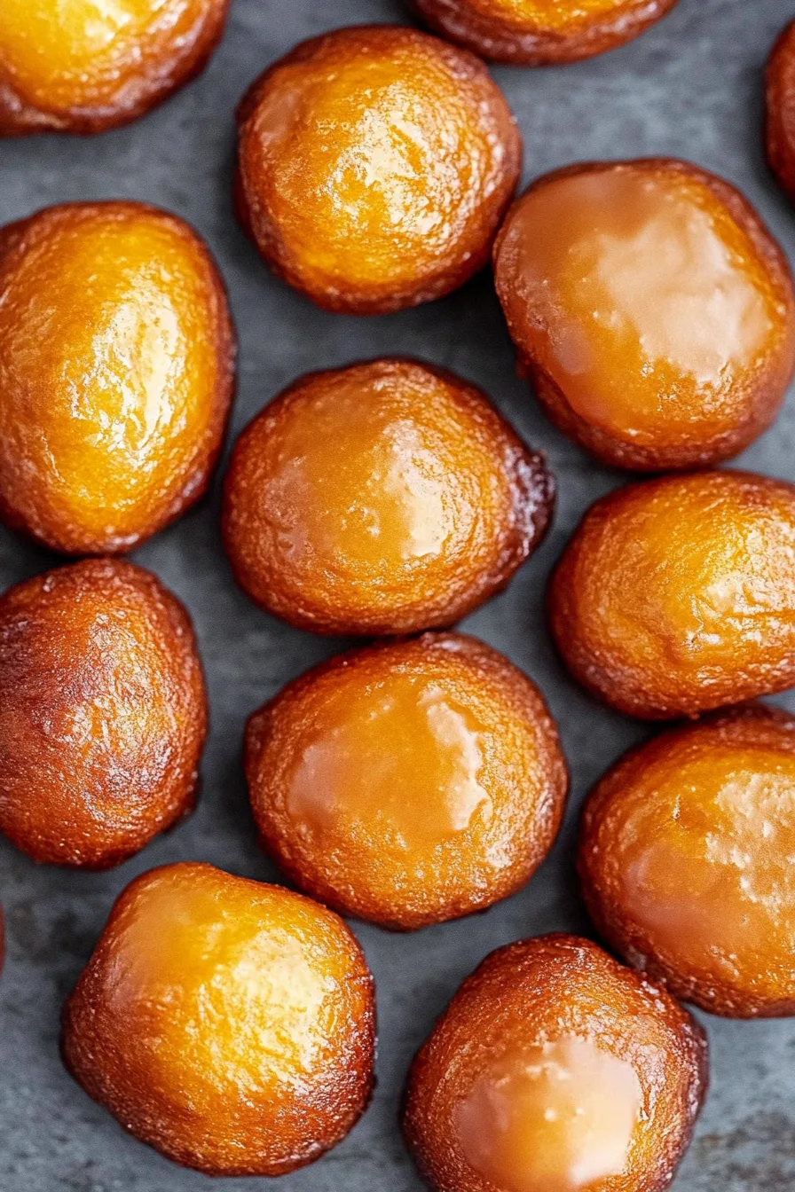 Freshly made doughnuts with golden crust and glossy finish.