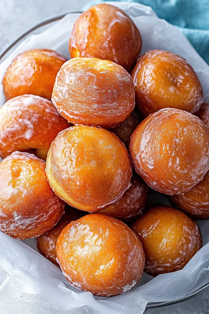 Glazed golden doughnuts stacked in a glass bowl.