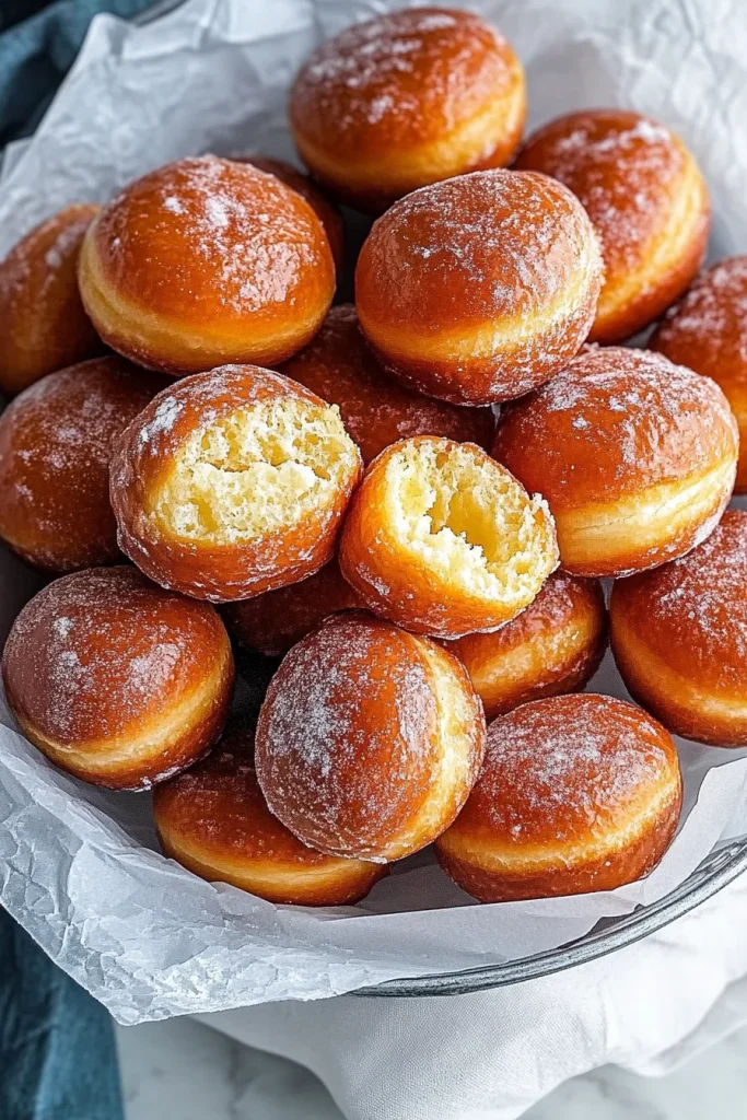 Round pastries coated in glaze, arranged neatly in a bowl.