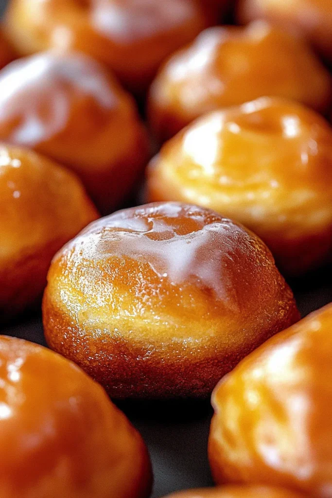 Close-up of shiny glazed pastries with smooth texture.