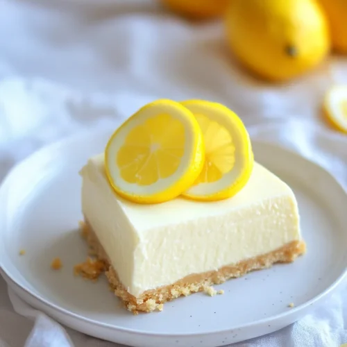 Bright dessert plated with thin lemon slices arranged neatly on top.