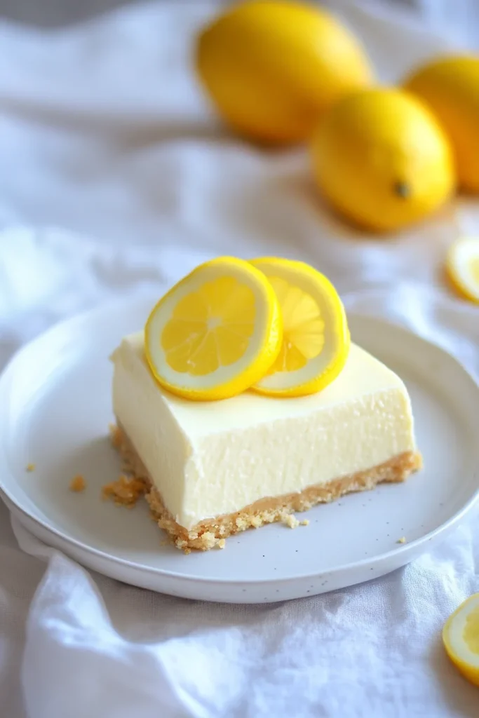 Bright dessert plated with thin lemon slices arranged neatly on top.