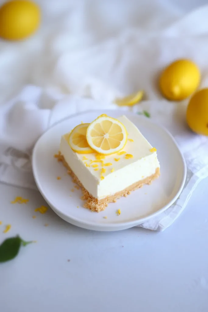 Slice of creamy cheesecake topped with fresh lemon slices and zest.
