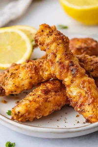 Plate of crunchy chicken tenders with citrus garnish.