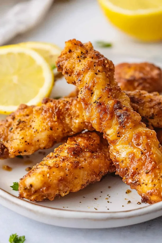 Plate of crunchy chicken tenders with citrus garnish.