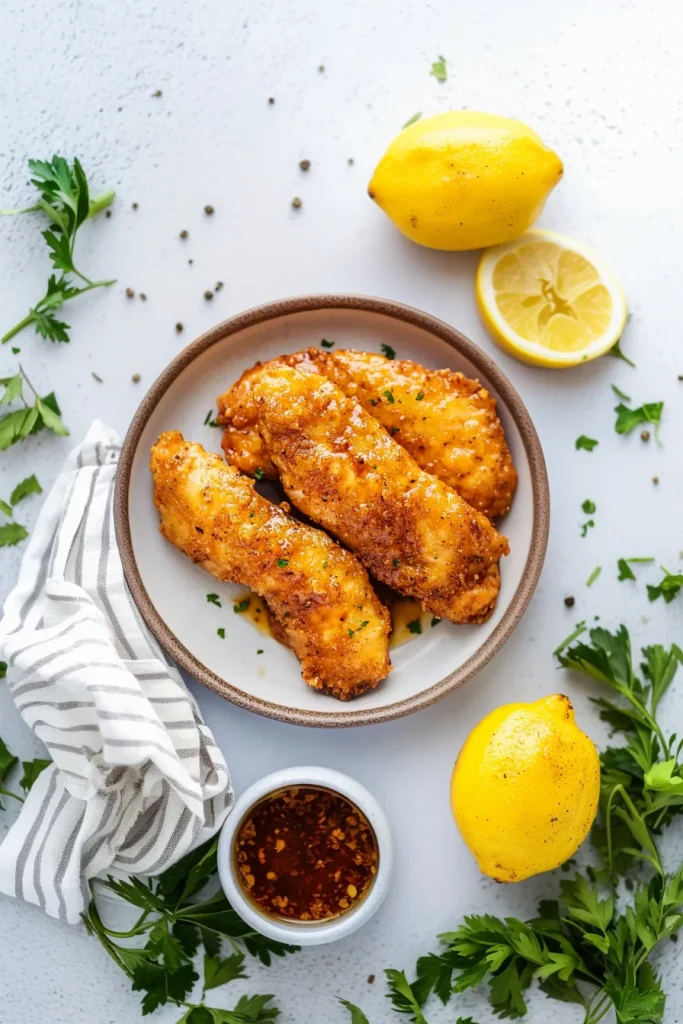 Golden-brown chicken pieces paired with bright lemon wedges.