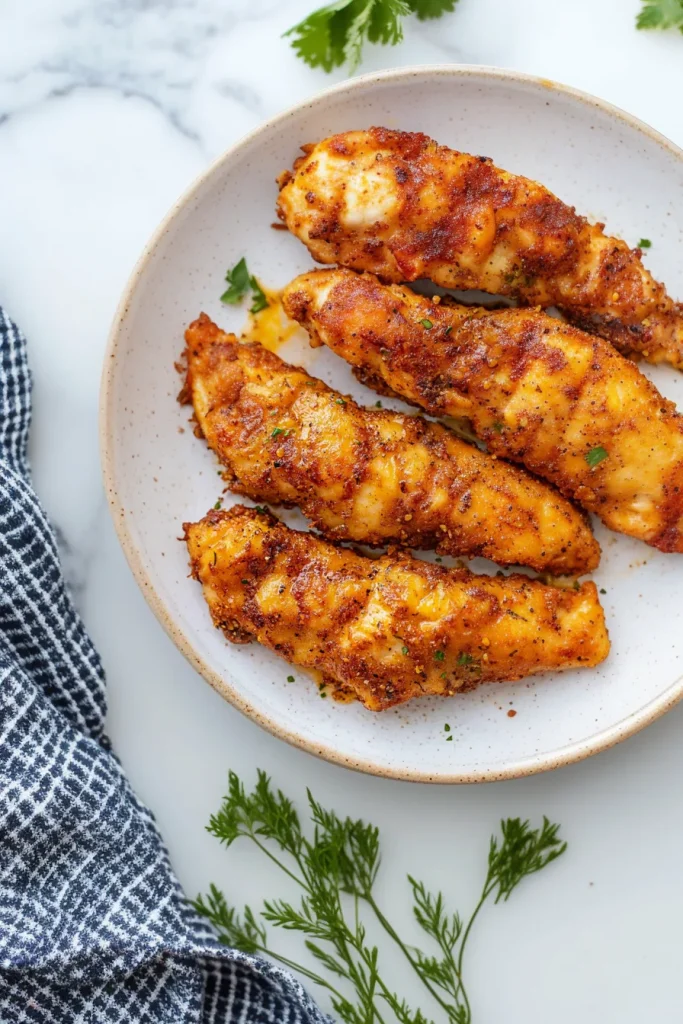 Lemon pepper chicken tenders arranged on a white dish.