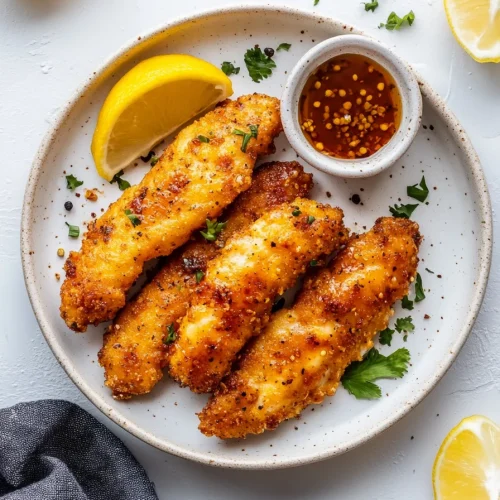 Crispy golden chicken tenders seasoned with black pepper and herbs.