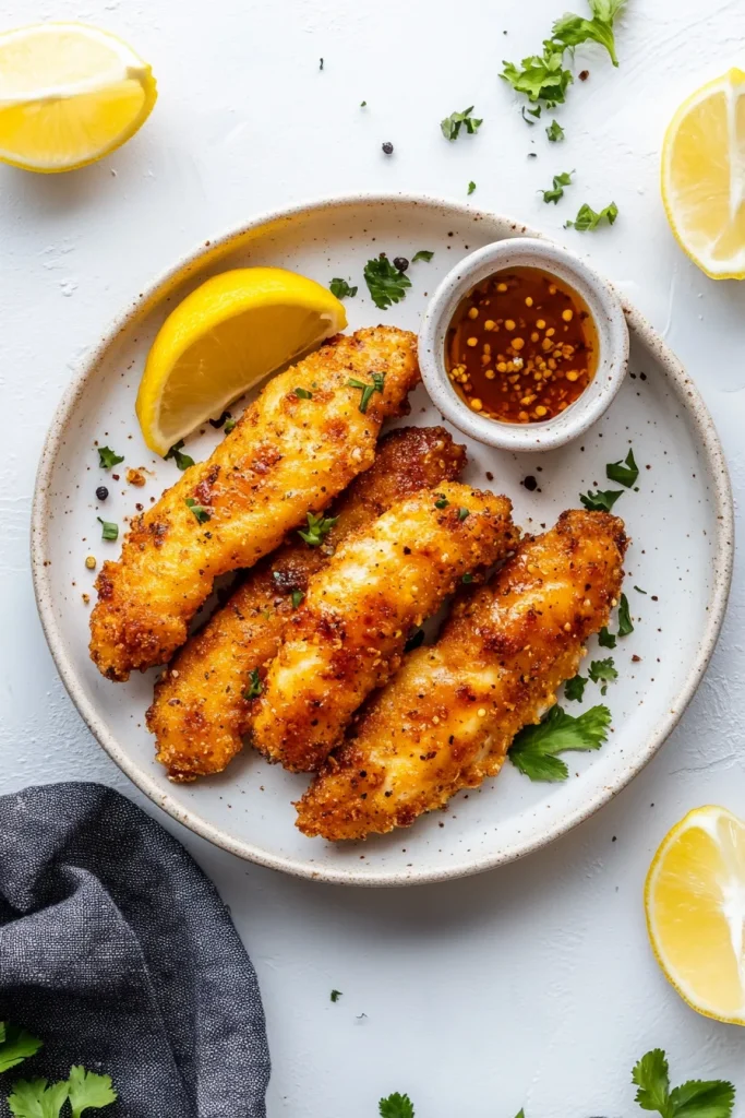 Crispy golden chicken tenders seasoned with black pepper and herbs.