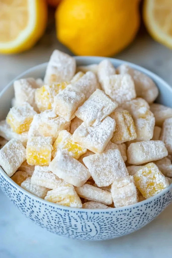 Decorative bowl filled with lemon candy pieces beside fresh lemons.