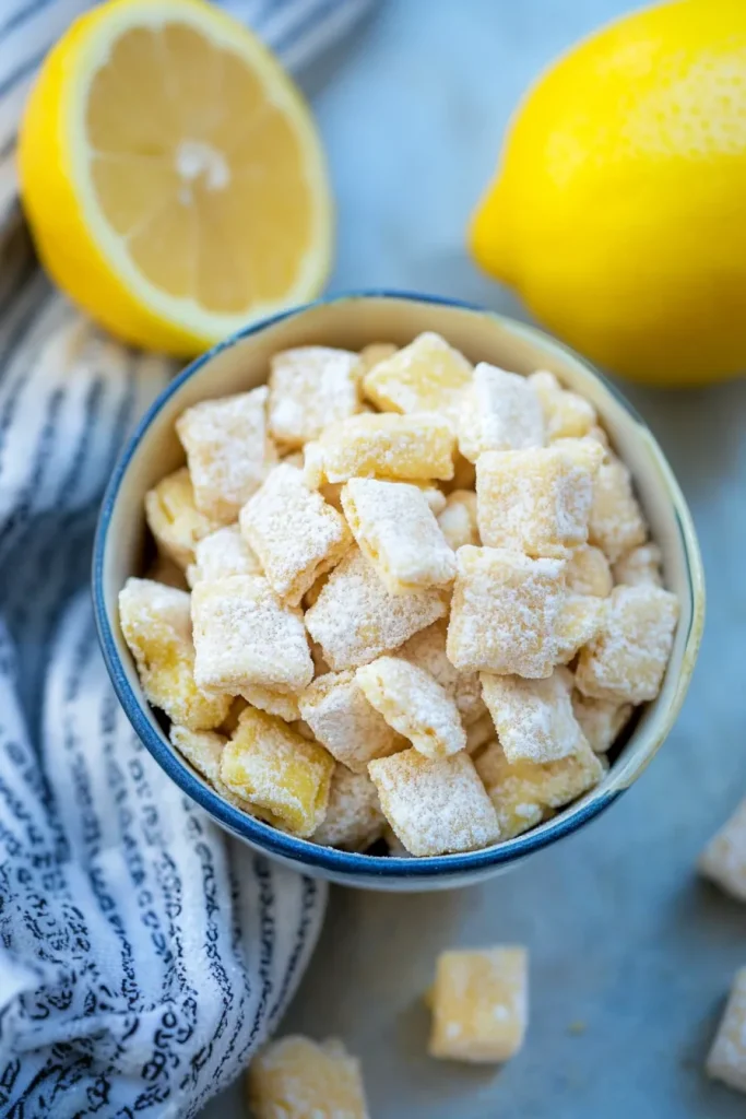 Bowl of pale yellow candy squares dusted with powdered sugar.