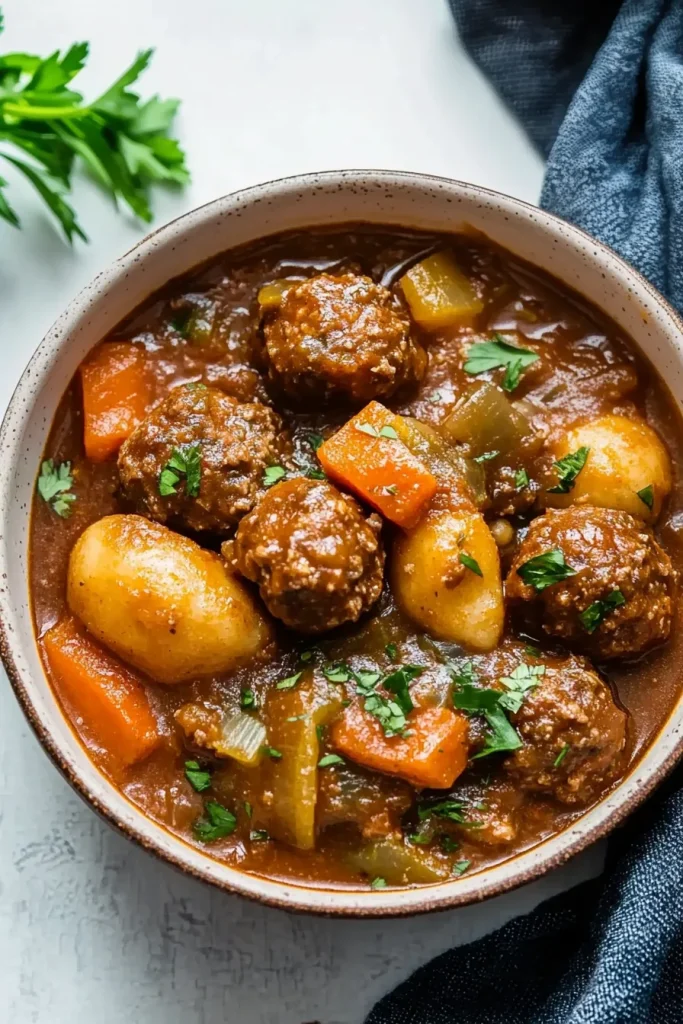 Freshly prepared stew showcasing tender meatballs and colorful vegetables in a glossy sauce.