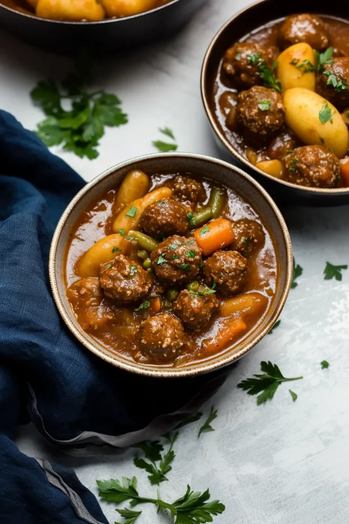 Comforting meatball and vegetable stew with carrots, celery, and potatoes in a savory broth.