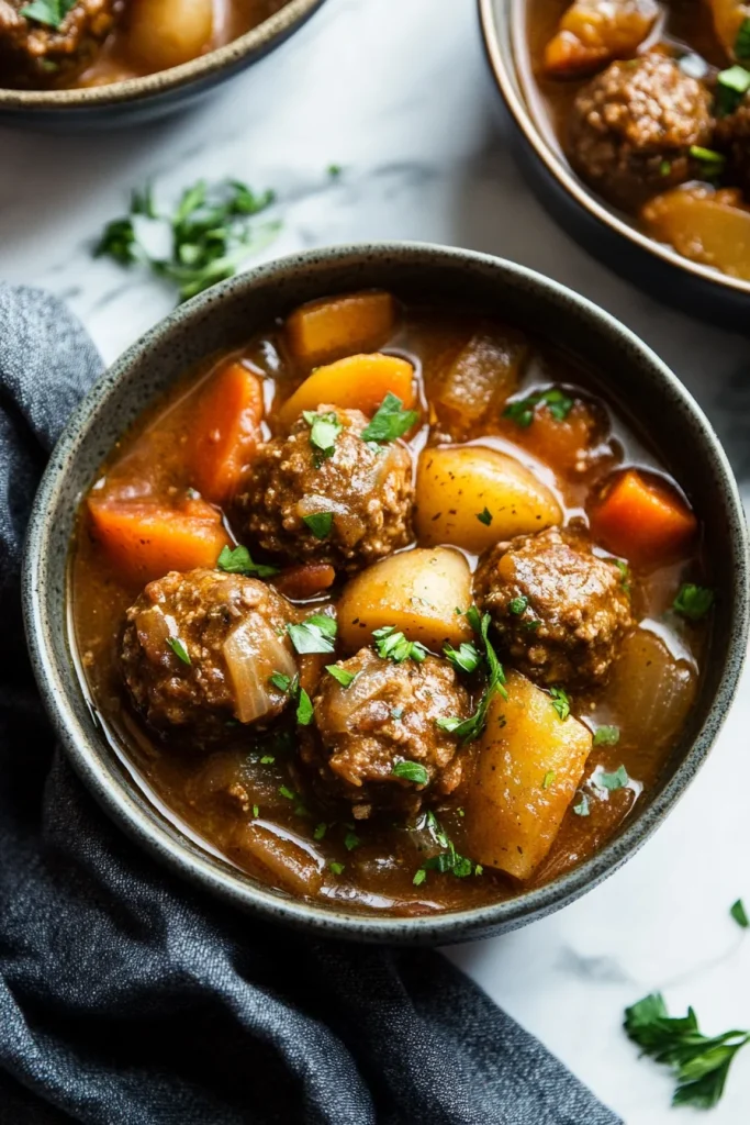A rustic bowl filled with tender meatballs, baby potatoes, and carrots in a rich brown gravy, garnished with fresh parsley.