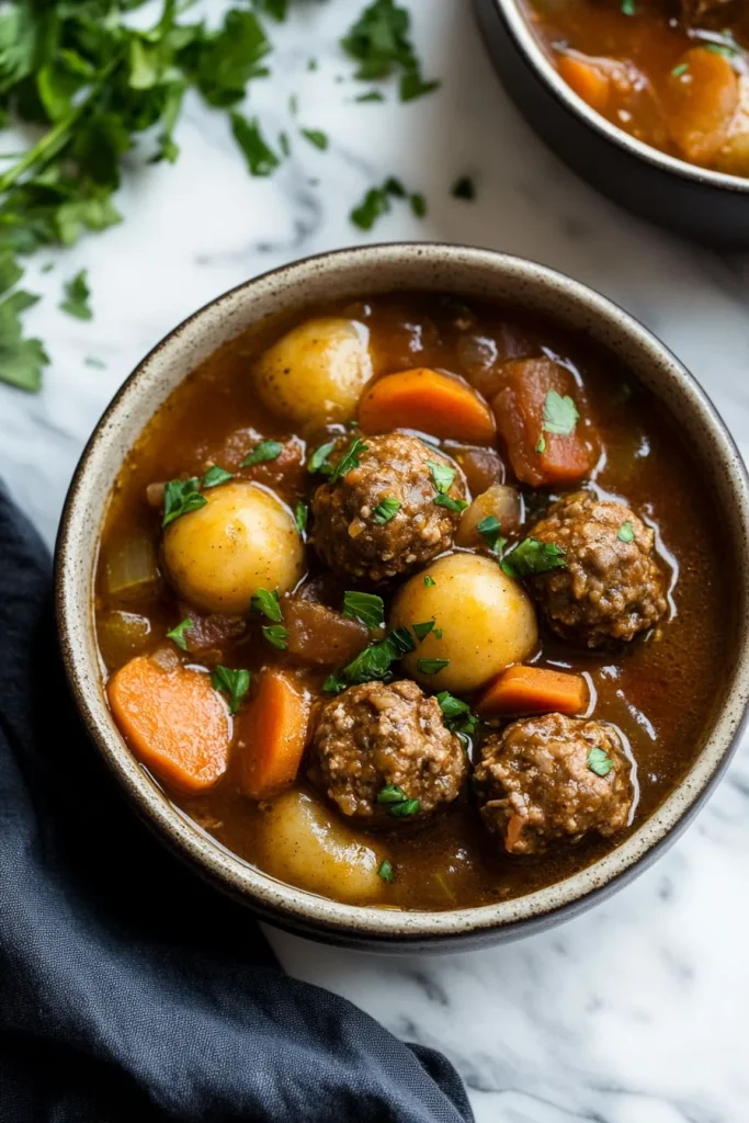 Warm homemade stew served in a white bowl, topped with chopped herbs for a fresh finish.