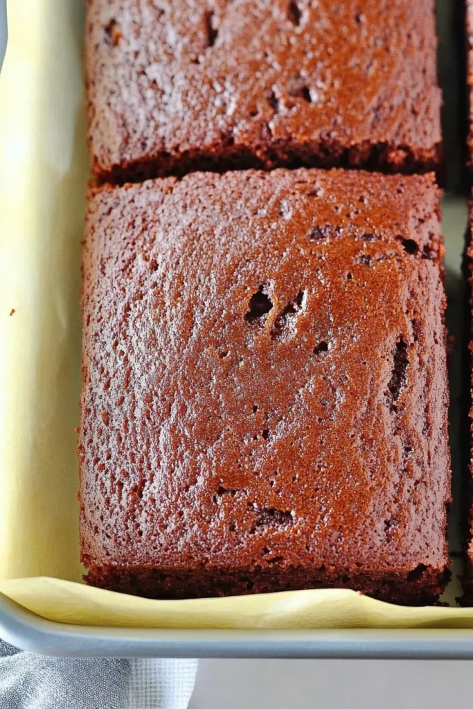 Pan of baked cake highlighting its soft, tender crumb.