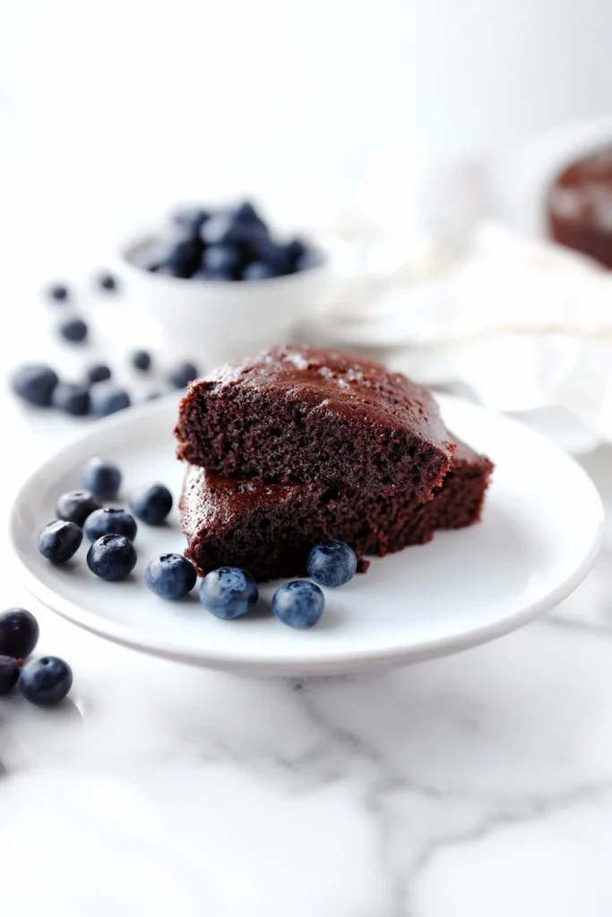 Slice of rich chocolate cake on a white plate with blueberries scattered around.