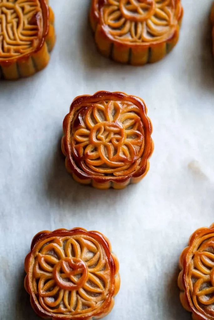Freshly baked mooncakes highlighting their glossy crust and ornate designs.