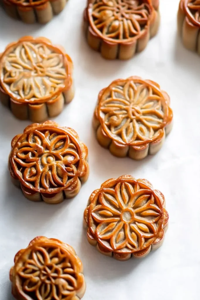Round pastries with scalloped edges arranged neatly for the Mid-Autumn Festival.