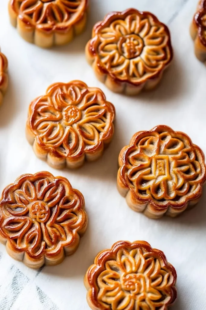 A set of decorative mooncakes photographed to showcase craftsmanship and texture.