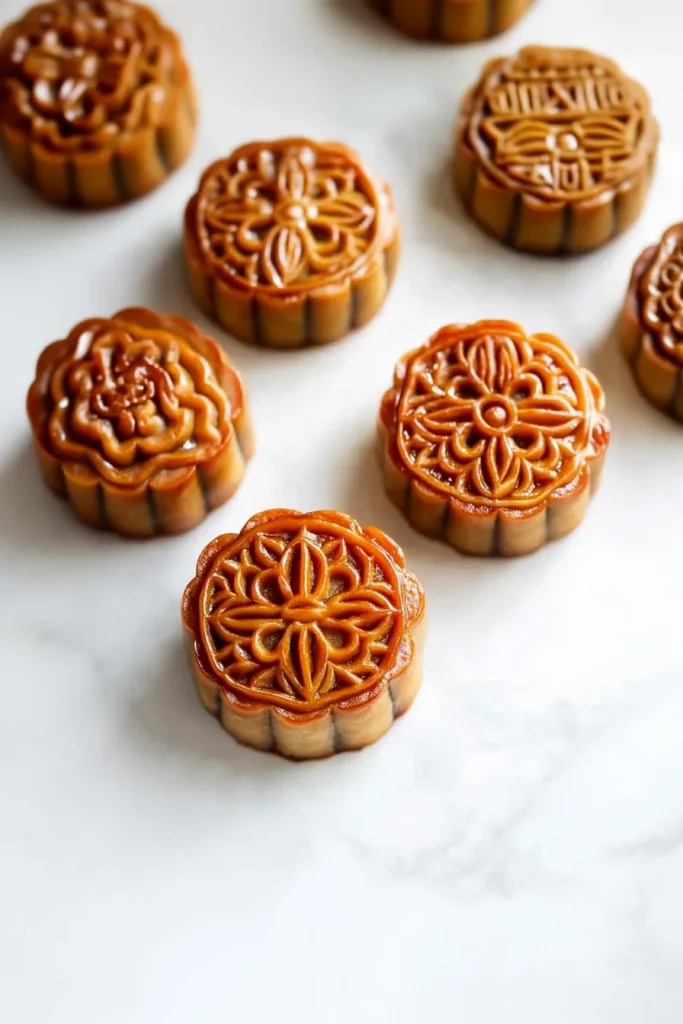 Golden-brown mooncakes with intricate floral patterns displayed on a light surface.