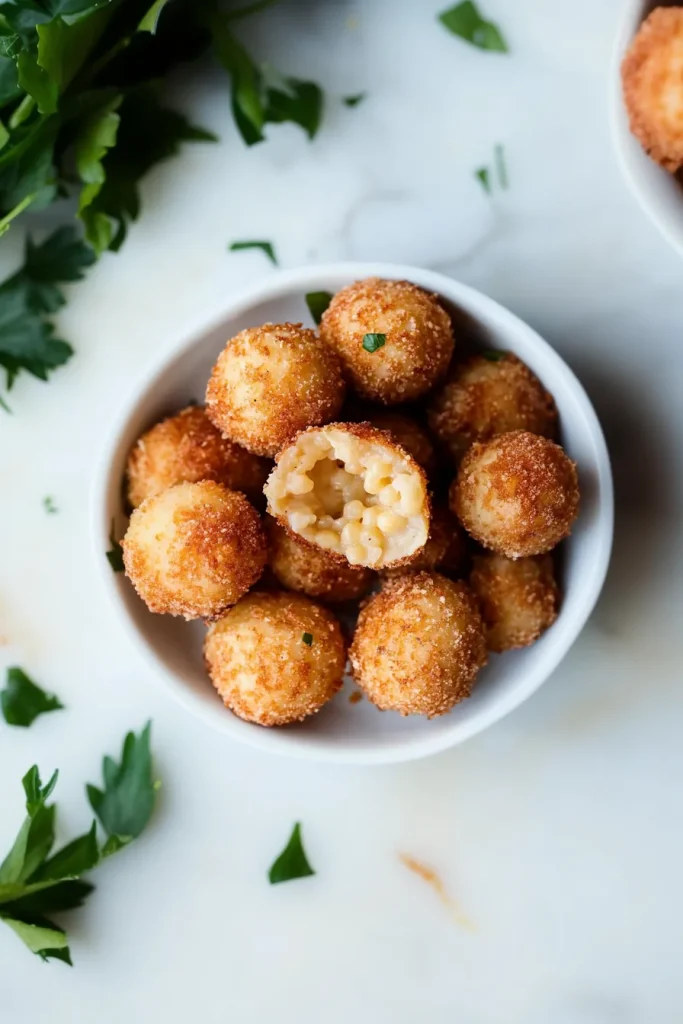 Plate of breaded rice balls garnished with fresh herbs.