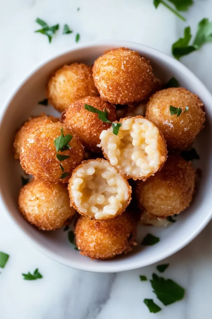 Crispy arancini cut open to reveal cheesy mushroom risotto inside.