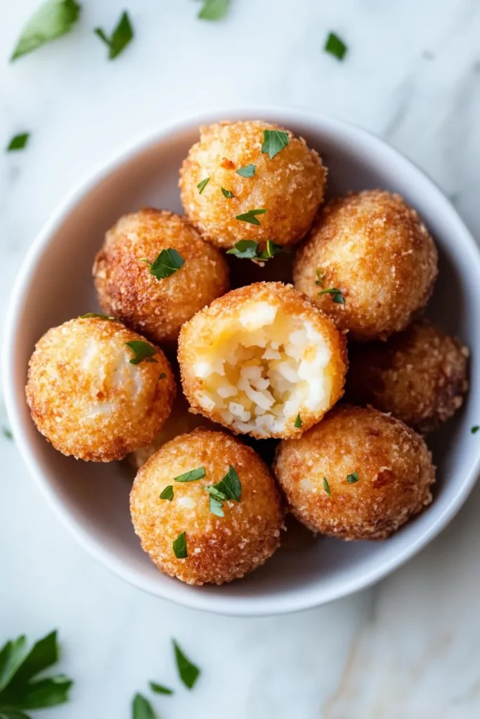 Golden-brown fried rice balls with a creamy mushroom filling.