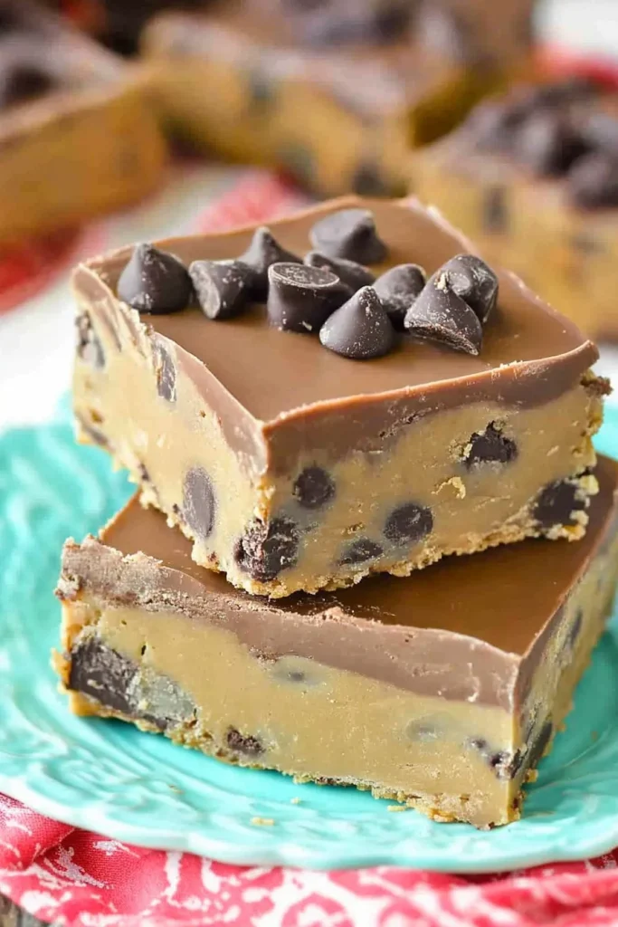 Plated cookie dough bars with shiny chocolate top and golden caramel peeking through.